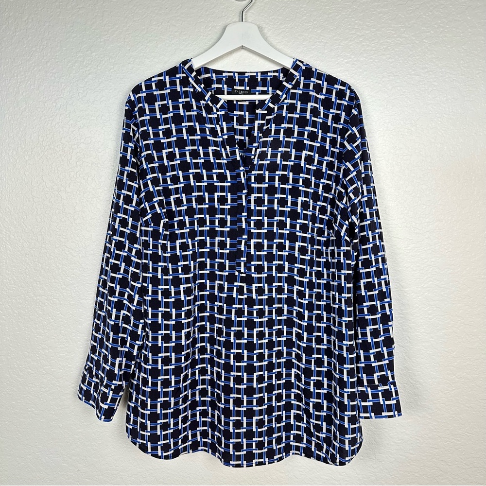 Talbots Geometric Long Sleeve Top Blouse Blue White V-Neck Lightweight Sz 2XL